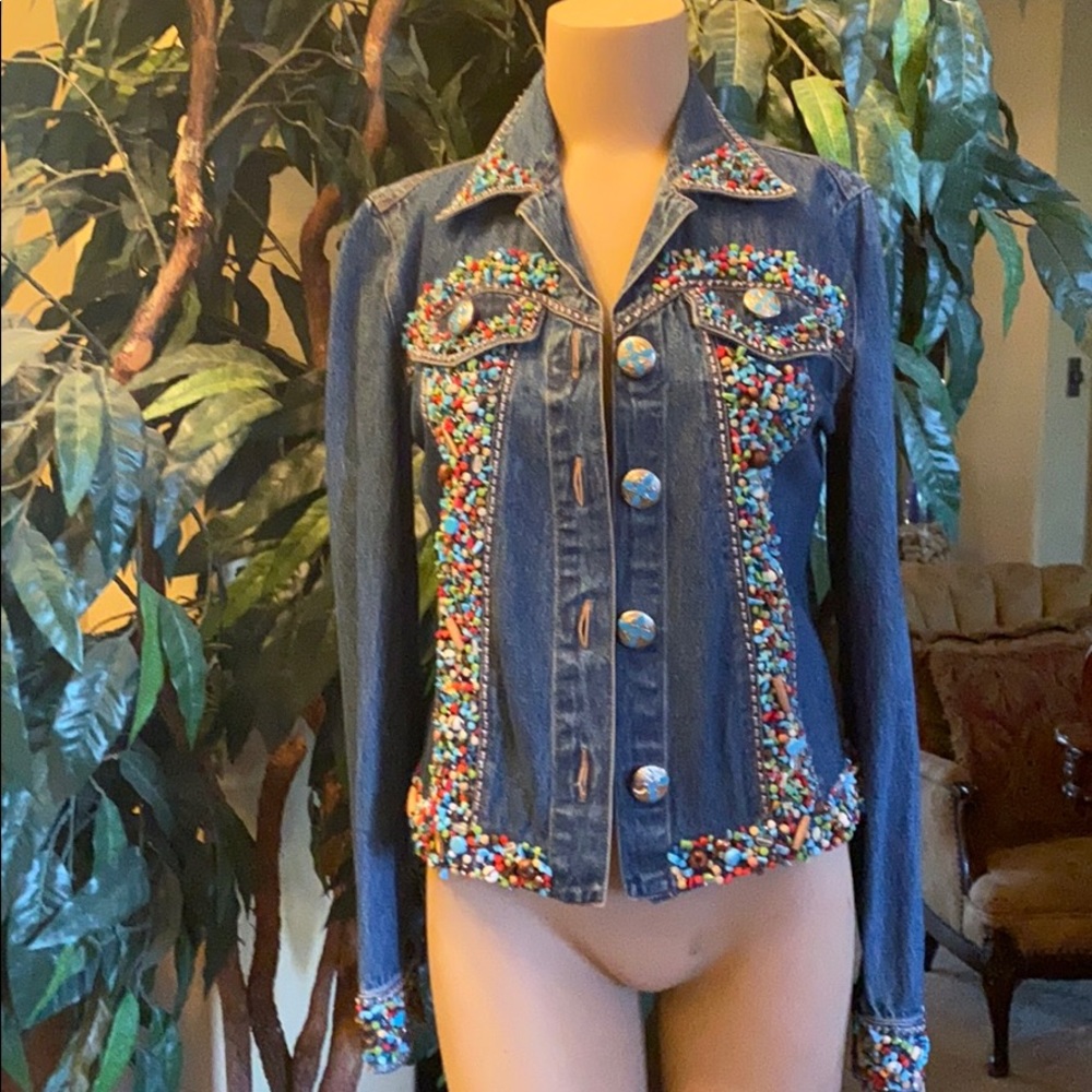 One of a kind: Turquoise Beaded jean jacket with cross on back